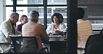 Business people, meeting and corporate discussion for teamwork, ideas or strategy at the office. Group of employees in team planning, presentation or training staff for collaboration at conference