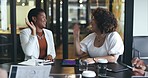 Business woman, meeting and high five for teamwork, collaboration or achievement together at the office. Employees talking and touching hands in conference for team building, planning or strategy