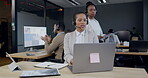 Call center, coaching and consultant in office talking to manager in customer service, communication or planning for crm business. Employee, computer and discussion of work in consulting with advice