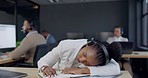 Call center, tired black woman and sleeping in office, stretching and fatigue at night. Telemarketing, burnout and African sales agent, professional or exhausted worker rest with deadline in company