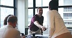 Business people, handshake and meeting for introduction, teamwork success or welcome at the office. Businessman and woman shaking hands for team greeting, deal or agreement together at the conference