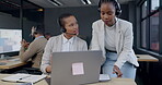 Business women, documents and call center sales management, questions and info or manager feedback. African people, mentor and training on laptop or talking of paperwork and employee schedule review