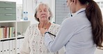 Woman, doctor and heart beat on elderly patient in cardiology for checkup, appointment or exam at hospital. Female person or medical professional listening or monitoring senior customer at the clinic