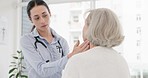 Feeling neck, doctor and a senior woman with healthcare inspection, consultation or pain. Hospital, medicine and a medical employee with a check for a sick elderly patient with an injury in a clinic