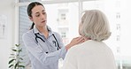 Woman, doctor and senior patient in checkup appointing for care, support or trust at the hospital. Female person or medical healthcare professional consulting elderly customer in diagnosis at clinic