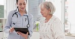 Woman, doctor and tablet with senior patient in consultation, checkup or appointment at the hospital. Female person or medical healthcare expert on technology for consulting in elderly care at clinic