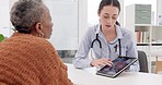 Woman, doctor and tablet with patient for brain scan, consultation or xray results at hospital. Female person or medical healthcare expert on technology for customer CT, MRI or elderly care at clinic