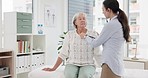 Woman, doctor and elderly care for patient consultation, checkup and appointment at the hospital. Female person, medical or healthcare professional helping senior in diagnosis, process or hearing aid