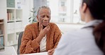 Woman, doctor and senior patient with throat pain in consultation, diagnosis or relief at the hospital. Elderly female person talking to medical healthcare expert for cure or wellness at the clinic