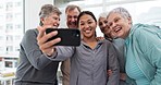 Elderly friends, selfie and smile in fitness group with Asian personal trainer for laugh, excited face or teamwork. Senior women, men and memory in gym, coach or happy for diversity on social network