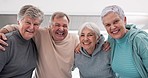 Elderly friends, selfie and smile in exercise group with hug, care and funny laugh with excited face for teamwork. Senior women, men and comic memory in gym, fitness or happy for post on social media