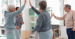 Fitness, high five and senior people for exercise support, collaboration and teamwork in yoga studio. Pilates, training and happy group of elderly man and women with hands together for health success