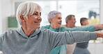 Old people in yoga class, fitness and stretching with happiness, wellness and retirement. Health, exercise and warm up, women and workout with elderly care and zen, mindfulness and vitality in gym