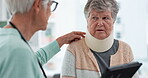 Doctor, tablet or patient in neck brace in consultation talking about results or planning rehabilitation in hospital. Advice, online or senior caregiver speaking to old woman with injury or accident