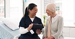 Tablet, nurse and woman with cancer patient, elderly and hospital consultation for wellness. Tech, happy and medical professional with sick senior person coughing for advice, healthcare or support