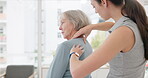 Woman, physiotherapy and rehabilitation for shoulder pain of patient, arthritis support or medical advice. Physiotherapist, senior healthcare assessment and chiropractor check body for healing injury