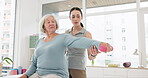 Senior woman, physical therapy and dumbbell exercise, stretching arm and support in physiotherapy exam. Workout, shoulder pain and fitness of elderly person, patient and nurse in medical consultation