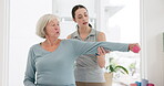 Senior woman, physiotherapy and dumbbell exercise, stretching arm and support in physical therapy exam. Workout, shoulder pain and fitness of elderly person, patient and nurse in medical consultation