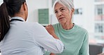 Physiotherapist, senior woman and check shoulder for rehabilitation help, recovery support or joint injury. Chiropractor consultation talk, elderly patient or physiotherapy doctor for medical service