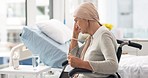 Cancer, Parkinson and angry elderly woman at hospital in wheelchair frustrated after chemotherapy or treatment. Health, elderly care and lady patient with disability, sick or disease and depression