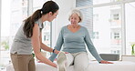 Woman, physiotherapist and legs rehabilitation of senior patient, medical advice and physical therapy services. Physiotherapy, healthcare assessment and chiropractor healing knee pain from arthritis