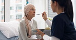 Cancer, nurse and food with old woman in hospital for help, medical and support. Healthcare, medicine and rehabilitation with senior patient and caregiver in clinic for nursing, empathy and oncology