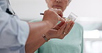 Medicine, senior woman or doctor hands explain pills, medication and pharmaceutical prescription. Container, closeup or elderly patient listen to medical supplements, drugs or antibiotics instruction