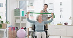 Senior woman with disability, physical therapy and stretching band for exercise rehabilitation, healthcare assessment or chiropractor services. Physiotherapy, support or helping patient in wheelchair