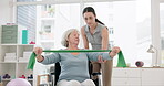 Patient with disability, physiotherapist and stretching band to check rehabilitation, healing healthcare or chiropractic services. Physiotherapy, medical support or helping senior woman in wheelchair