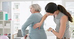 Woman, physiotherapist and back rehabilitation of senior patient, medical advice and physical therapy service. Physiotherapy, healthcare assessment and chiropractor healing muscle injury of arthritis