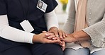 Support, counselling and nurse holding hands with old woman with empathy, kindness and help in retirement. Senior care, patient consultation and caregiver with helping hand at nursing home with trust