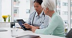 Old woman, doctor or elderly patient with tablet for results, digital report or health report history online. Medical, mature lady or healthcare worker with advice, news update or support in hospital