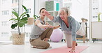 Physiotherapy, trainer and help for senior woman with support in studio for workout or wellness. Healthcare, professional and physical healing for elderly female with stretching for fitness or body.