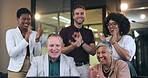 Celebrate, business people and clapping hands for success at a computer in a happy coworking office. Diversity men and women team applause for win, goal achievement and bonus while working late