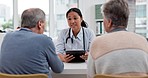 Consultation meeting, tablet and elderly couple, doctor or cardiologist explain hospital service, diagnosis or healthcare info. Results conversation, clinic or cardiology worker consulting old people