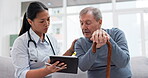 Support, old man or doctor with tablet for results, report or report history online in hospital in consultation. Talking, healthcare or Asian nurse with medical update for elderly patient in clinic