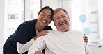 Hospital, nurse and senior man hug for comfort, empathy and support for cancer patient. Healthcare, clinic and portrait of female health worker embrace male person for medical care, service and help