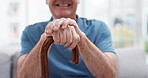 Walking stick, hands and happy elderly man with wooden cane on sofa for balance, support and mobility. Walk, aid and old male at senior care facility with disability, dementia or chronic arthritis