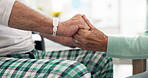 Love, holding hands and senior couple support, empathy or elderly care for patient with medical problem, risk or disease. Retirement home, clinic closeup or old people with compassion, trust and bond