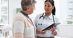 Tablet, results and senior woman with doctor talking about diagnosis, healthcare or communication in elderly care or consultation. Patient, nurse and advice in meeting with medical worker or expert