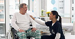 Senior man, conversation and nurse talking, discussion and consulting on medical health, healthcare or elderly care. Hospital wheelchair, retirement home caregiver or disabled person listen to doctor