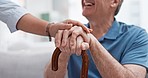 Senior smile, cane and holding hands of nurse with healthcare support for retirement. Caregiver, elderly person and empathy with medical care and nursing of patient with hospital help in a home