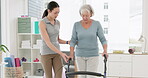 Senior woman, physiotherapy and walking frame for support, healing advice and healthcare assessment. Elderly patient with disability, physical therapy and rehabilitation progress with physiotherapist