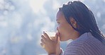 Black woman, outdoor and camping, coffee and fog, peace and breathing in fresh air with mindfulness, and zen. Young female person with warm drink in forest, relax in nature with calm and wellness