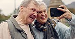 Selfie, smile and senior couple in a park, happy and laugh, relax and bond in nature on the weekend. Love, fun and elderly man and woman relax outdoor with profile picture while enjoying retirement