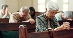 Gospel, prayer or old woman in church for God, holy spirit or catholic religion in cathedral or Christian community. Faith worship, bow or elderly person in chapel or sanctuary to praise Jesus Christ