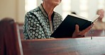 Hands, reading book or woman in church for God, holy spirit or religion in Christian community cathedral. Faith worship, bible or closeup of person praying or studying gospel to praise Jesus Christ