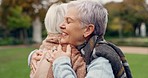 Love, connection and elderly women hugging for affection, romance and bonding on an outdoor date. Nature, commitment and senior female couple in retirement with intimate moment in a garden or park.