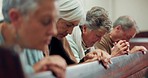 Senior, prayer and people in a church for a service, worship or spiritual support together. Praise, hope and a group of retirement elderly friends praying for peace, faith or gratitude as Christian