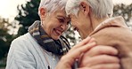 Connection, happy and senior women embracing with affection, romance and bonding on outdoor date. Nature, commitment and elderly female couple in retirement with intimate moment in a garden or park.